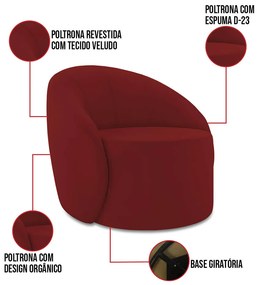 Sofá 3 Lugares Orgânico 180cm Morgan e 2 Poltronas Lua Veludo Marsala D03 - D'Rossi