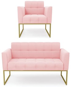 Kit 1 Sofá Namoradeira e 1 Poltrona Elisa Suede Base Metálica Industrial Dourado - D'Rossi - Rosa Bebê