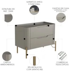 Mesa Cabeceira Quarto 68cm 2 Gavetas Becca Grigio/Dourado I06 - Mpozen