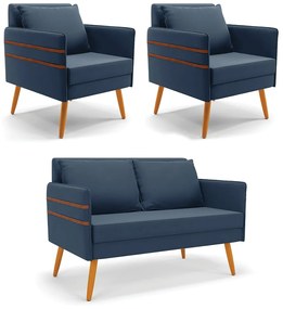Kit 01 Namoradeira 02 Lugares e 02 Poltronas Mari Suede Azul Marinho Pés Palito Castanho - D'Rossi