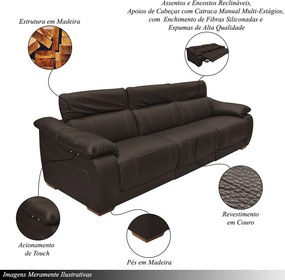 Sofá Elétrico Reclinável Sala de Estar Concepción U076 308cm Modulado Botão Touch Couro Marrom G49 - Idea Relax By Natuzzi Group