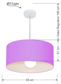 Lustre Pendente Cilíndrico 4052 Cúpula em Tecido 50x21cm Lilás - Bivolt