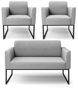 Sofá Namoradeira com 2 Poltronas Base Industrial Preto Marisa Suede D03 - D'Rossi - Cinza