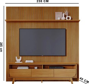 Painel TV 75 Pol 238cm Ripado Kalven e Bancada Elarin M20 - D'Rossi - Cumaru(fosco)