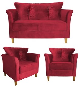 Kit Sofá Namoradeira + 2 Poltronas Ibis Decorativa Suede Vermelho