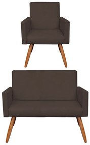 Kit 01 Namoradeira com 01 Poltrona Larissa Suede Marrom Pés Palito Castanho D'Rossi