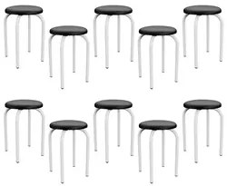 Kit 10 Banquetas Baixas Empilháveis em Aço Maviê Sintético Preto/Branc