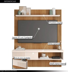 Painel Selina Ripado 150cm para TV até 55 com Porta de Correr e Prateleira MDP Freijo/OffWhite G11 - Gran Belo