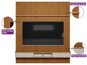 Painel para TV até 75 Polegadas Ripado Marisa com Nicho Bancada Nature e Off White 219x250 cm L04 - D'Rossi