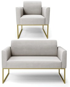 Sofá Namoradeira com Poltrona Base Industrial Dourado Marisa Veludo D03 - D'Rossi - Cinza