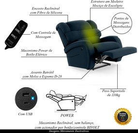 Poltrona do Papai Sala de Cinema Reclinável Kylie Power Elétrica Massagem USB Veludo Azul G23