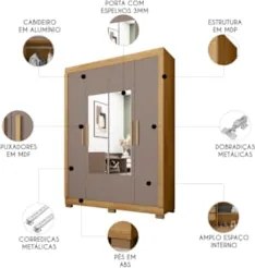 Guarda Roupa Solteiro 154cm 4 Portas Espelho Brasid Mel/Cacao C01 - Mp