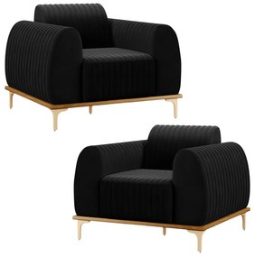 Kit 2 Poltronas Decorativas Sala de Estar Base de Madeira Euro Veludo Preto G15 - Gran Belo