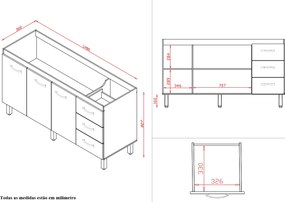 Balcão Vinca 3 Portas 3 Gavetas Cozinha MB1 150cm