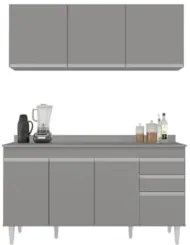 Armário Cozinha e Balcão Com Tampo 150cm Marrocos Cinza     - Lumil