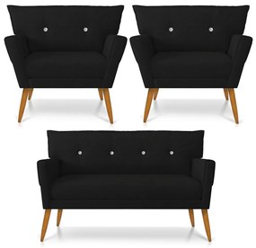 Kit 01 Namoradeira 02 Lugares e 02 Poltronas Anitta com Strass Linho Preto A79 Pés Palito Castanho - D'Rossi