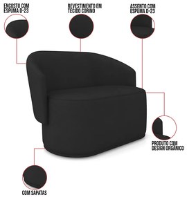 Sofá Namoradeira e 2 Poltronas Orgânica para Sala Malu Sintético M11 - D'Rossi - Preto