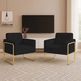 Poltrona Sala Industrial Alta Tubo Dourado Kit 2 Elisa Suede D03 - D'Rossi - Preto