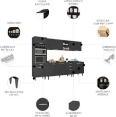 Armário de Cozinha Com Tampo CP05 290cm Pérola Preto Z34      - Mpozen