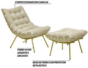 Conjunto Decorativo Poltrona e Puff Abel Base de Ferro Dourada Veludo Bege G41 - Gran Belo