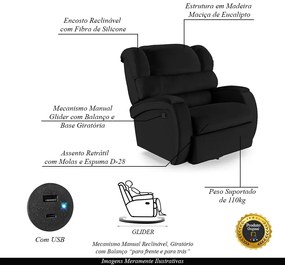 Poltrona do Papai Sala de Cinema Reclinável Kylie Glider Manual Giratória USB PU Preto G23