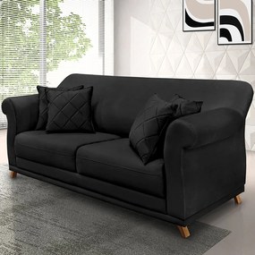 Sofá 3 Lugares Pé de Madeira Julieta 220 cm Veludo S04 - D'Rossi - Preto