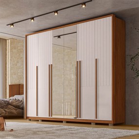 Guarda Roupa Casal Ema 6 Portas de bater com Espelhos 6 Gavetas em MDF Freijo/OffWhite G11 - Gran Belo