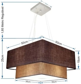 Lustre Pendente Duplo Quadrado Vivare Md-4066 Cúpula em Tecido 50x35cm Café - Palha - Bivolt