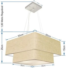 Lustre Pendente Duplo Quadrado Vivare Md-4066 Cúpula em Tecido 50x35cm Rustico Bege - Bivolt