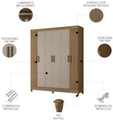 Guarda Roupa Casal 165cm 6 Portas Guiana Carvalho/Fendi Z17  - Mpozena