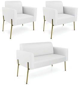 Sofá Namoradeira e 2 Poltronas Pé de Ferro Dourado Marisa Corino - Branco