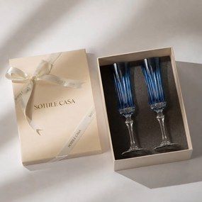 Kit 2 Taças de Cristal Flauta Lapidado 66 p/ Champanhe c/ Caixa de Presente - Azul Claro  Azul Claro