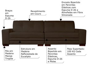Sofá 3 Lugares Bipartido Sala de Estar Milano 240cm Couro Marrom G58 - Gran Belo