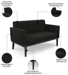 Sofá Namoradeira Base Madeira Preto Ana Suede Preto - Ibiza