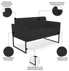 Sofá Namoradeira e 1 Poltrona Base Industrial Preto Ana Veludo Preto -