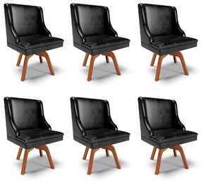 Kit 6 Cadeiras Decorativas Sala de Jantar Base Giratória de Madeira Firenze PU Preto Brilho/Natural G19 - Gran Belo