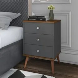 Mesa Cabeceira 35cm 3 Gavetas Pés Palito Thames Onix/Freijó E05 - Mpoz
