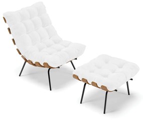 Kit 01 Poltrona e 01 Puff Costela Corano Base Metálica Preto M11 - D'Rossi - Branco