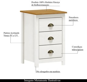 Mesa De Cabeceira Decorativa Alina Madeira 3 Gavetas Branca/Carvalho G74 - Gran Belo