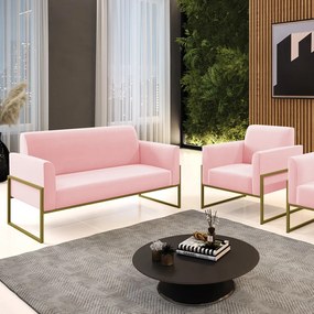 Sofá Namoradeira com Poltrona Base Industrial Alta Dourado Marisa Suede D03 - D'Rossi  - Rosa Bebê