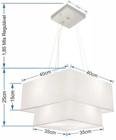 Lustre Pendente Duplo Quadrado Vivare Md-4157 Cúpula em Tecido 40x35cm Branco - Bivolt