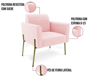 Poltrona Pé de Ferro Dourado Decorativa Marisa Suede D03 - D'Rossi - Rosa Bebê