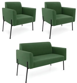Sofá Namoradeira e 2 Poltronas Pé de Ferro Preto Marisa Suede D03 - D'Rossi - Verde