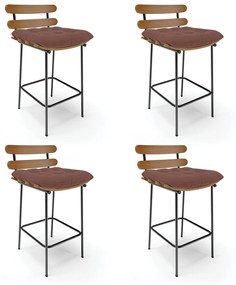 Kit 04 Banquetas Costela Veludo Rosê Base Metálica Preto - DRossi