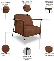 Poltrona para Sala Pés Metálicos Ellen S06 Boucle Terracota - Mpozenat