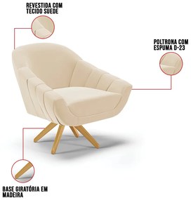 Kit 01 Namoradeira 02 Lugares e 01 Poltrona Giratória Giovana Suede Base Madeira MA30 D03 - D'Rossi - Bege