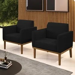 Poltrona Base Madeira Castanho Kit 2 Maressa Linho Preto - Ibiza