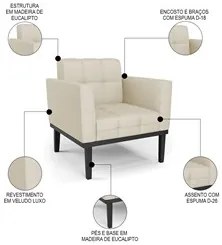 Sofá Namoradeira e 1 Poltrona Base Madeira Preto Ana Veludo Luxo Off W