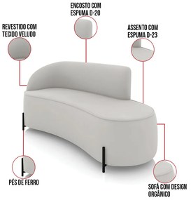 Sofá 3 Lugares Orgânico 180cm Pé Ferro Preto Morgan Veludo D03 - D'Rossi - Cinza
