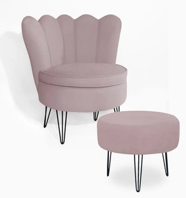 Poltrona Decorativa Dália com Puff Chloe Hairpin Legs Preto Veludo Crepe